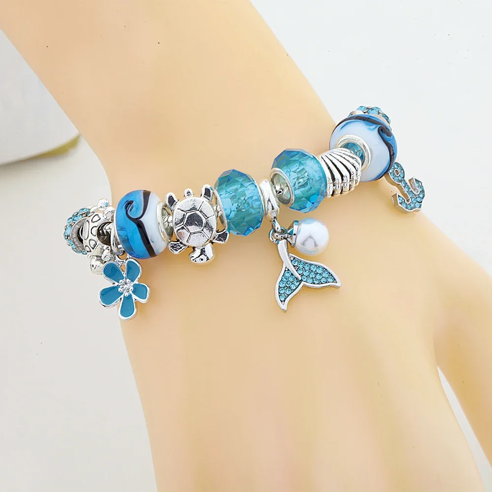 Stylish Blue Crystal Mermaid Flower Turtle Dolphin Charms Bracelet for Women Kids Gift Ocean Series Jewelry