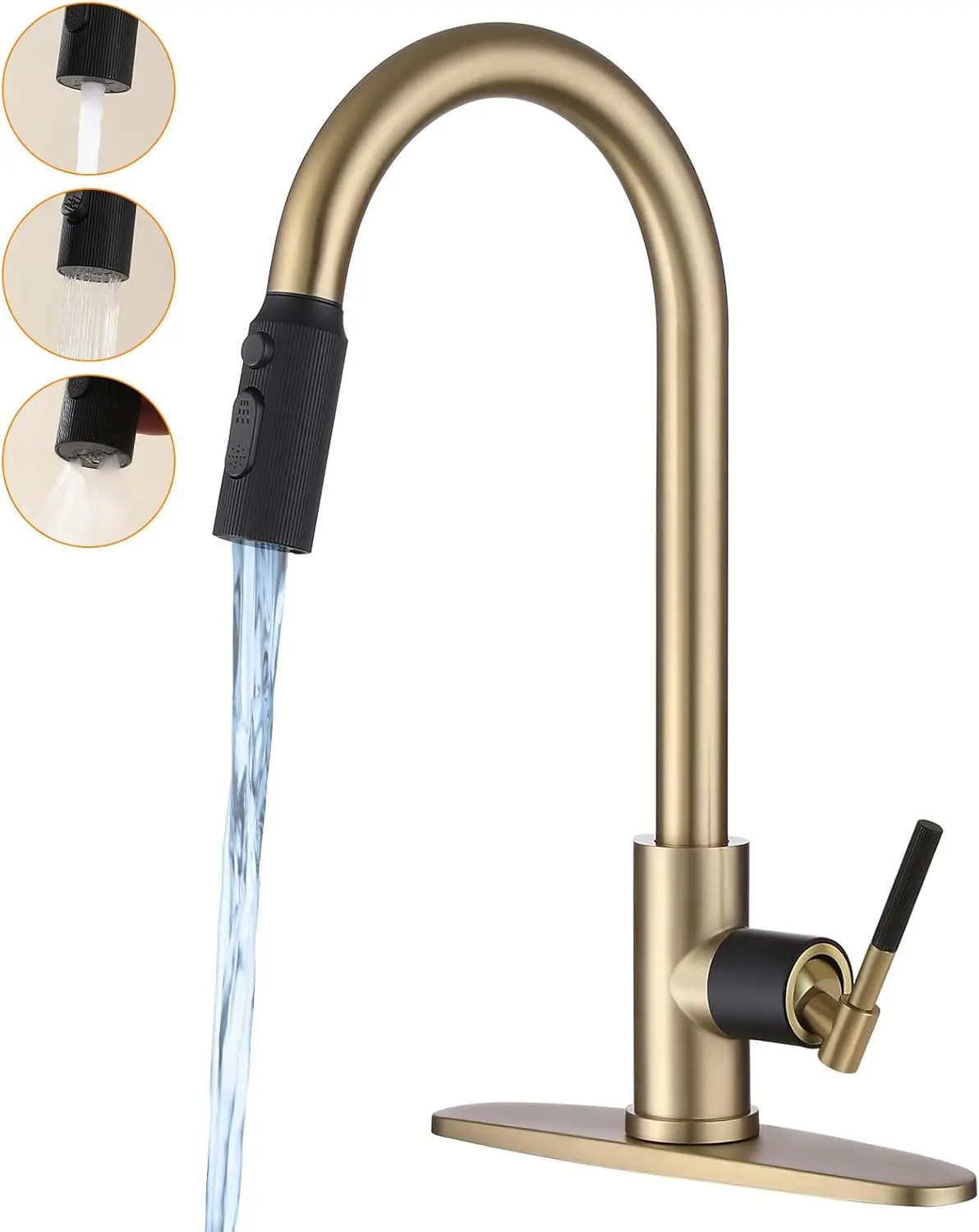

Gold Kitchen Faucet -High Arc Single Handle Stainless Steel Kitchen Sink Faucet with Pull Down Sprayer- 3 Spray Modes，1.5GPM Hig