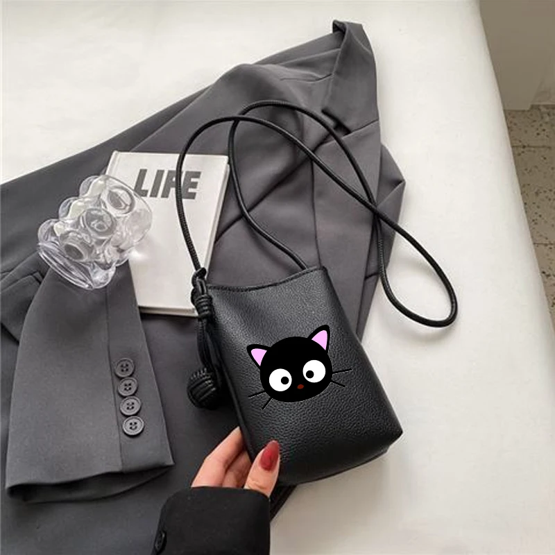 

cute Chococat Women Leather Small Crossbody Bag Cell Phone Bag Lightweight Fashion Black Cat Shoulder Bag Ladies Travel Purse