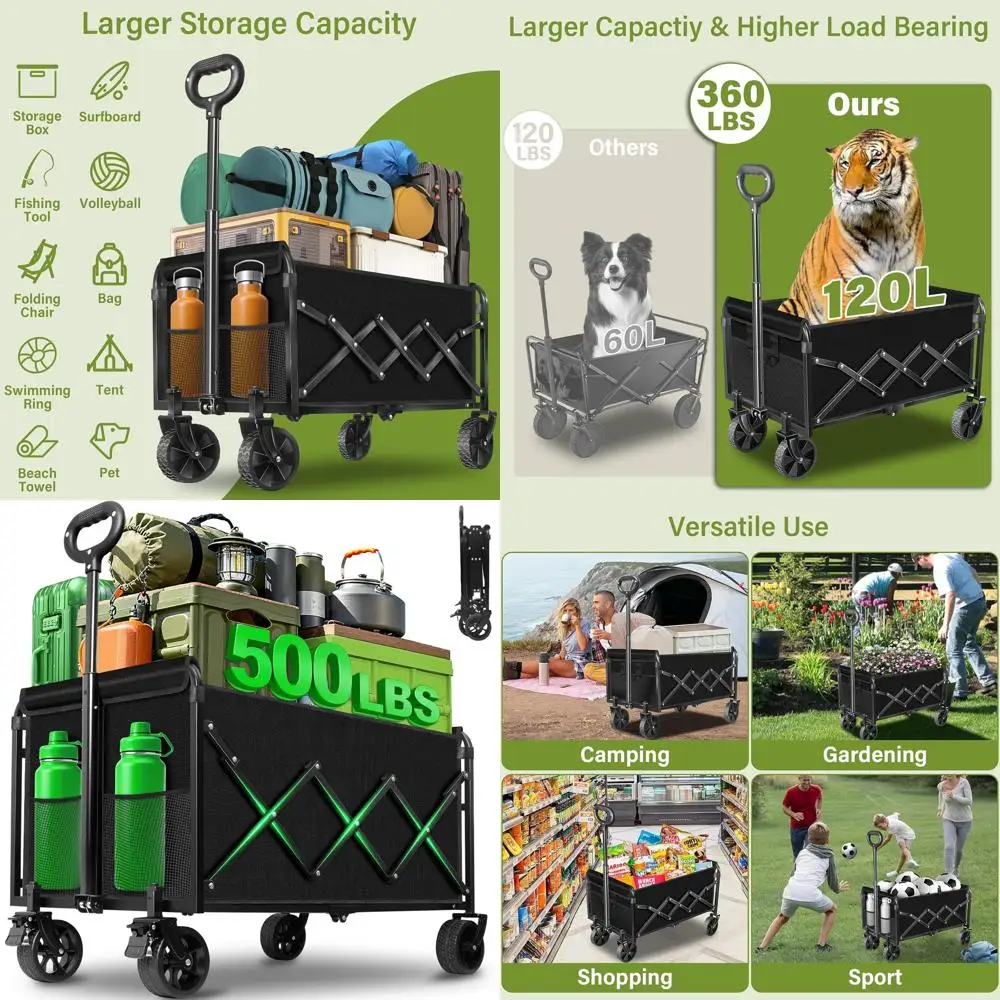 

Collapsible 500lbs Wagon with Wheels for Outdoor and Storage, Foldable Utility Cart with Brake