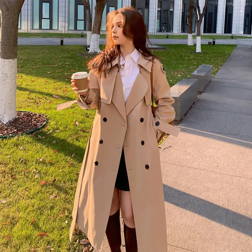 

1Pc Women Jacket Turn-down Collar Double-breasted Jacket Elegant Mid-calf Length Women's Overcoat with Belt for Fall for Office