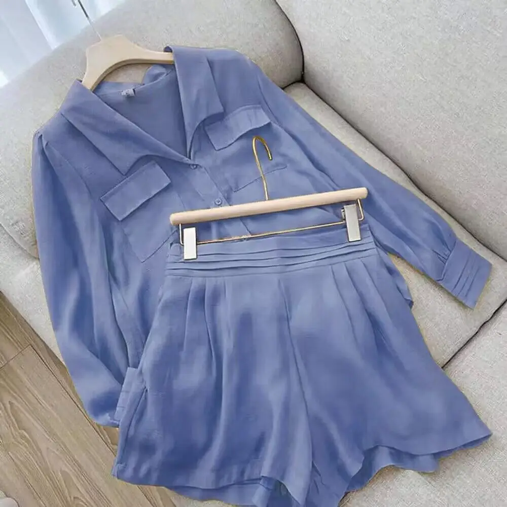 2Pcs/Set Women Shirt Shorts Suit Turndown Collar Long Sleeves Tracksuit Lapel Pocket Loose Shirts Top + Pants Two Piece Sets