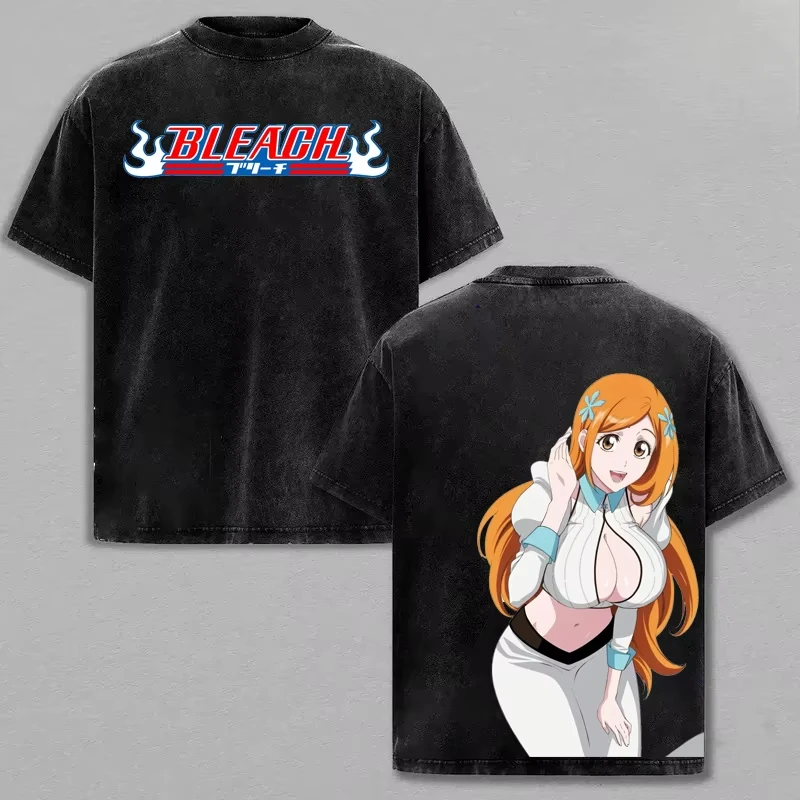 BLEACH Inoue Orihime Vintage Washed T‑Shirt Anime Print T Shirt Unisex Casual Short Sleeve Men Women Oversized Streetwear Tops