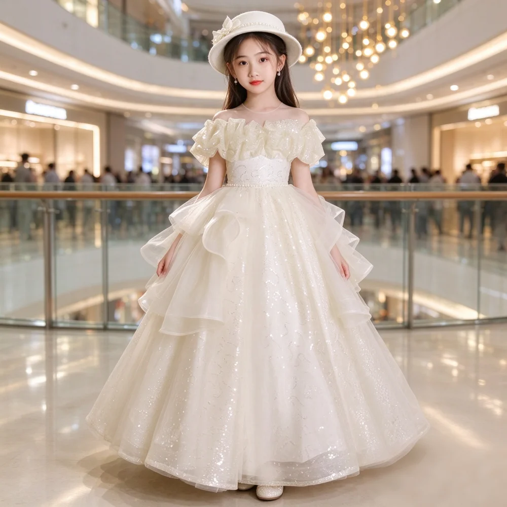 2026 Elegant Girls Children Birthday Princess Gown Outfit Party Dress Costume Flower Girl Host Pageant Attire Formal Celebration