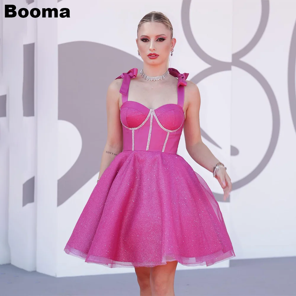 

Booma Short Prom Dresses Sweetheart Beading Shiny Cocktail Gowns Straps Bow Party Celebrity Evening Dresses for Women Customized