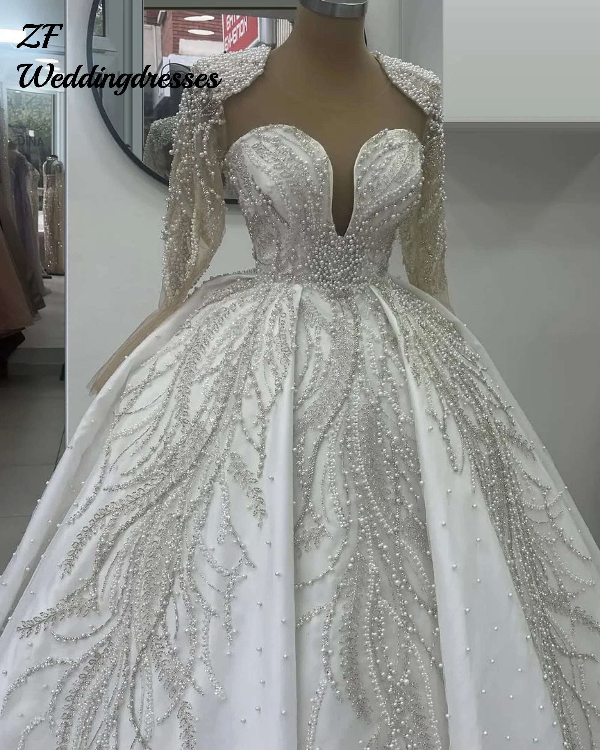 Maßgeschneiderte Luxus Elfenbein Schwere Perlen Ball Brautkleid V-ausschnitt Langarm Braut Brautkleid Pailletten Perlen Wir Vestido De Novia