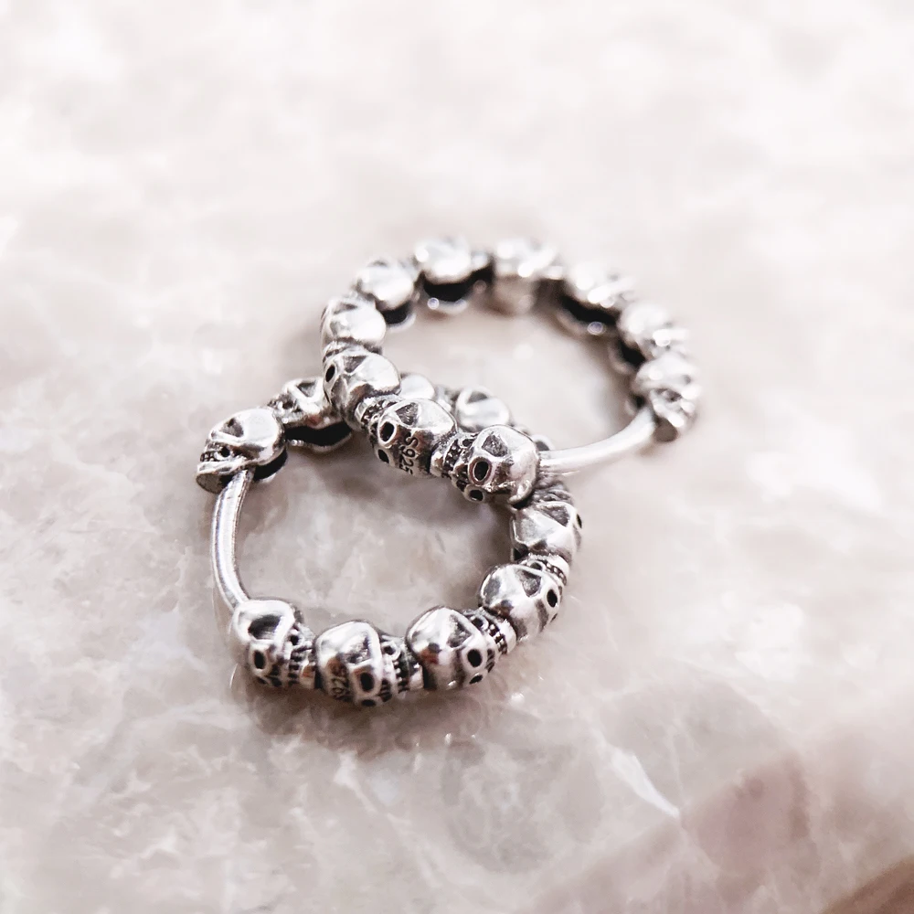 Creole Skulls Hinged Hoop Earrings Europe Style Punk Fashion Jewelry For Women Men Gift In Solid 925 Sterling Silver