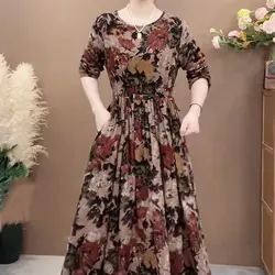 Women's Clothing Casual Round Neck Long Dress Folk Vintage Floral Printed Spring Autumn Long Sleeve Elegant A-Line Waist Dresses