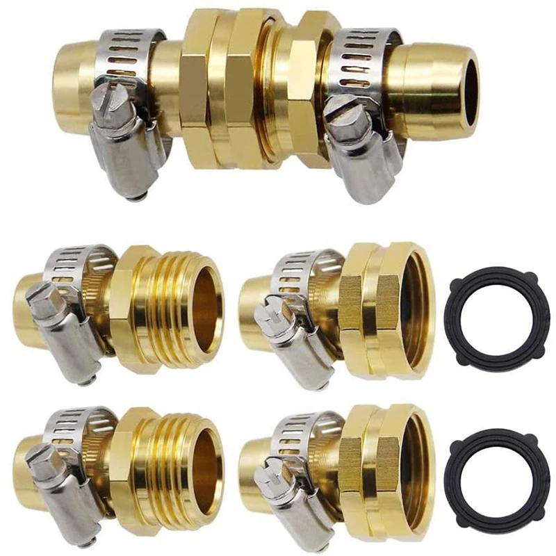 

3 Sets Brass Garden Hose Repair Kit,Water Hose Mender Male Female Connector With Stainless Clamp (3/4-5/8)