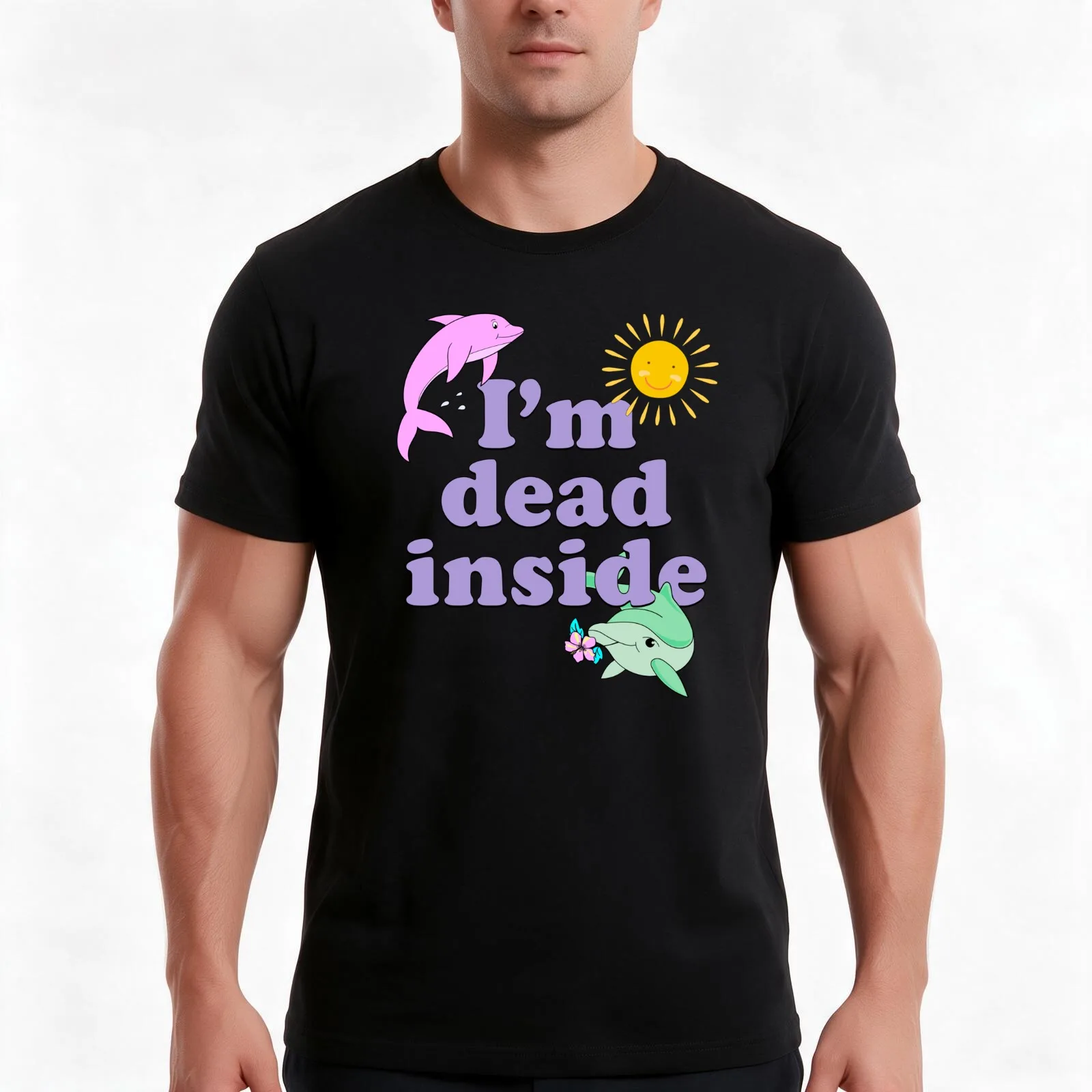 I'm Dead Inside Dolphin Funny Sarcastic Meme T-Shirt, Summer Casual Cotton Tee, Oversized Streetwear Tops, Vintage Graphic Print