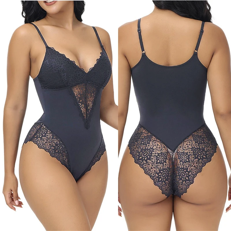 

Dimmkof Кружевное боди Корректирующее белье Бесшовный кружевной костюм для коррекции фигуры с v-образным вырезом и контролем живота Боди с открытой спиной Скульптурный костюм