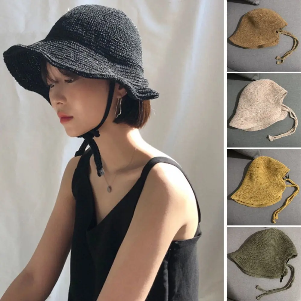 Women Fashion Wide Brim Summer Sun Hat Anti-UV Versatile Lace-up Bucket Hat Simple Visors Sunscreen Cap Outdoor Vacation Beach