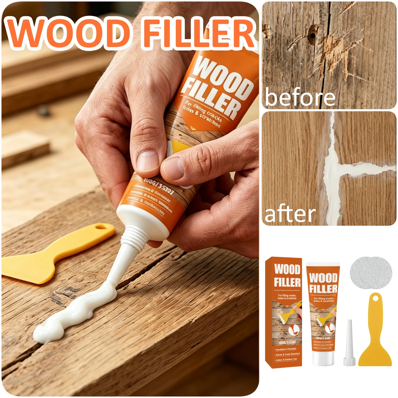 Wood Filler Repair Paste Sandable Paintable Indoor Outdoor Use Restore Floor Table Paint Care Furniture Scratch Crack Hole Putty