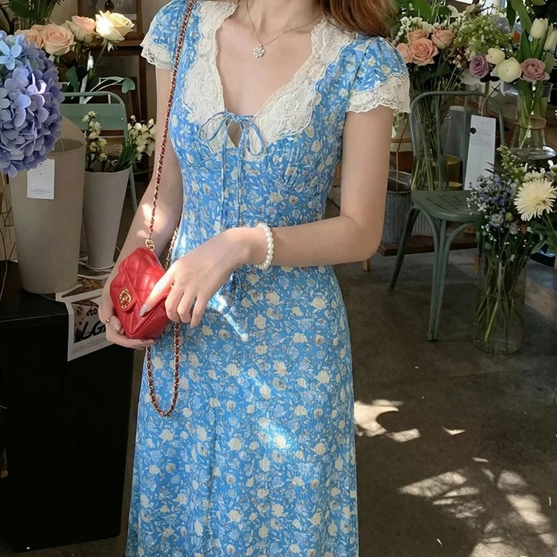 프렌치 레트로 레이스 트림 블루 플로럴 프린트 드레스 여성 V넥 반팔 A라인 여름 롱 드레스 휴가 맥시 로브 2026
