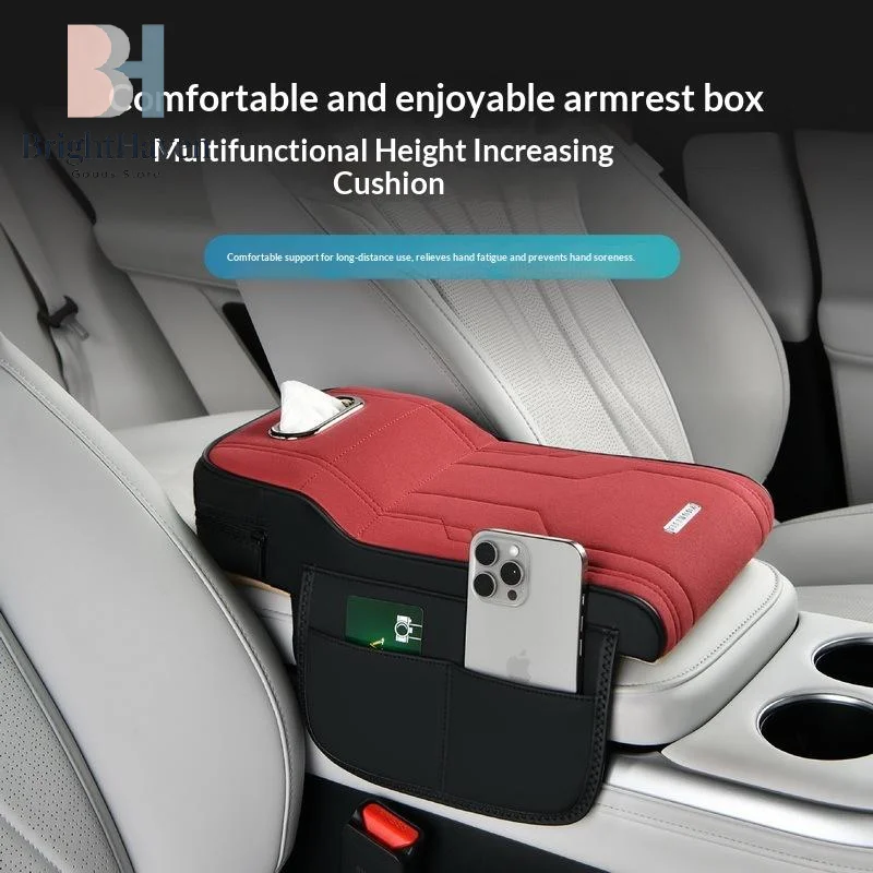 Reposabrazos Universal para Coche con Almohadilla Elevadora, Caja de Almacenamiento de Tejido de Borreguito con Soporte Lateral para Tarjetas/Bolsa de Almacenamiento B.H.
