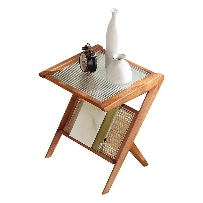 Solid Wood Edge Corner Sofa for Small Apartments Modern Living Room Glass Rattan Storage Side Table Mini Dining Table