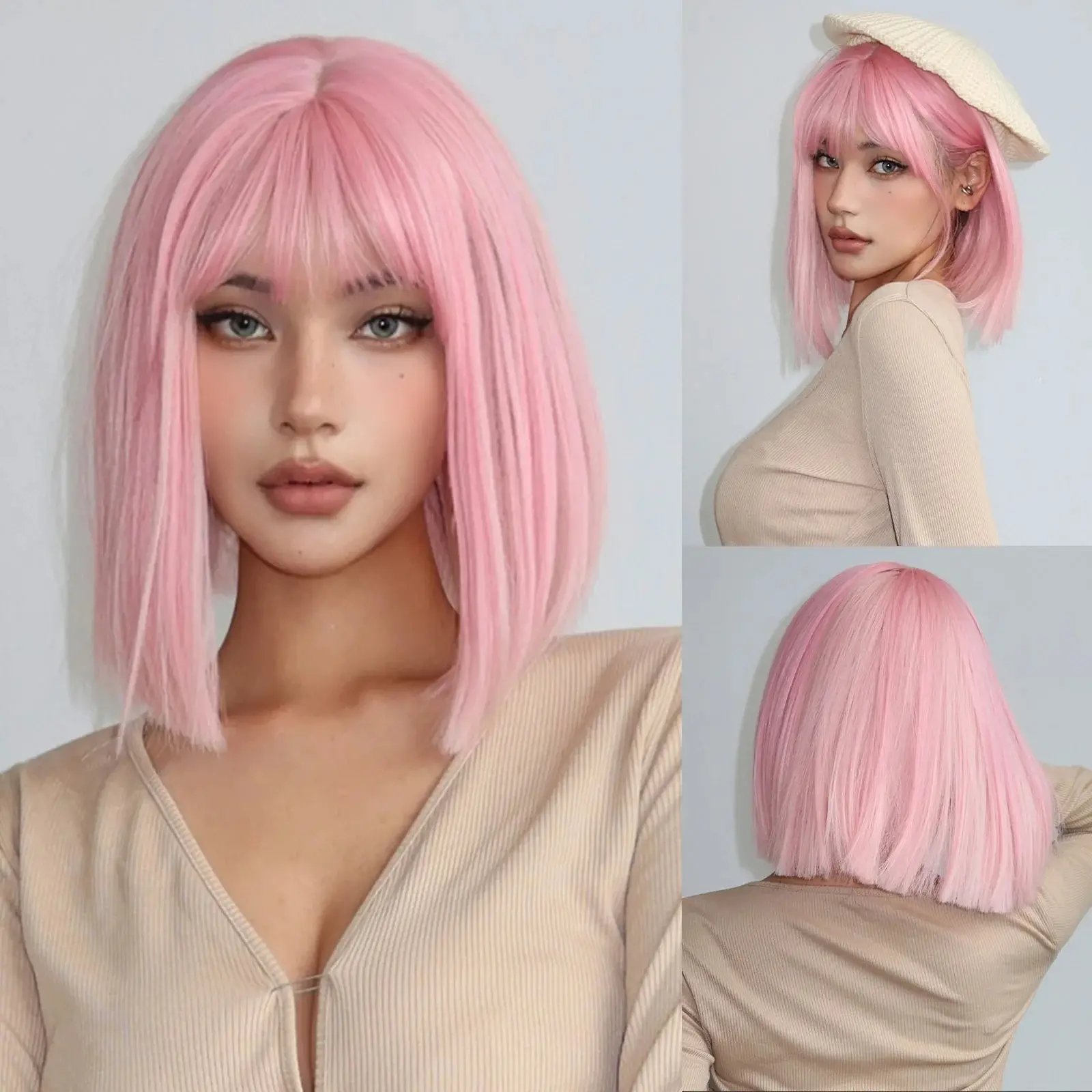 Kurze, gerade Bob-Perücken mit Pony, hellrosa, natürliches Kunsthaar für Frauen, tägliches Cosplay, hitzebeständige Faserperücken
