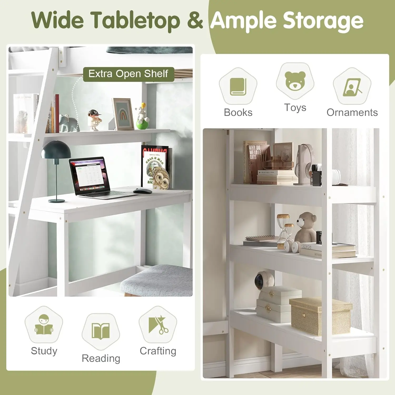 Kotek Twin Loft Bed With Desk & Storage Shelves, Solid Wood Loft Bed Frame With Bookcase, Ladder, Guardrails, Twin Size Loft