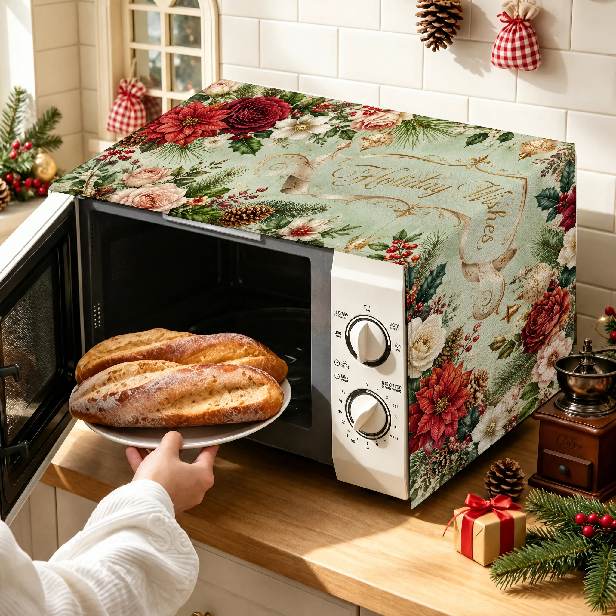 1pc Vintage Christmas Poinsettia Microwave Cover, Festive Holiday Kitchen Protector for Standard Microwaves