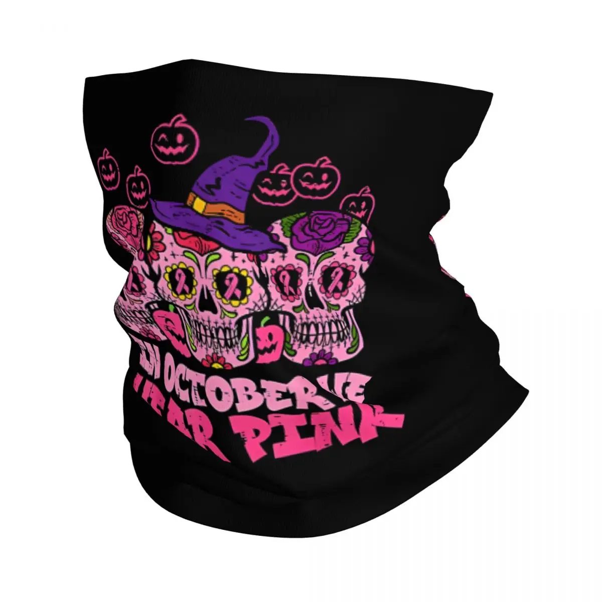 In October We Wear Pink Sugar Skull Scarf Neckerchief Neck Face Mask Polyester