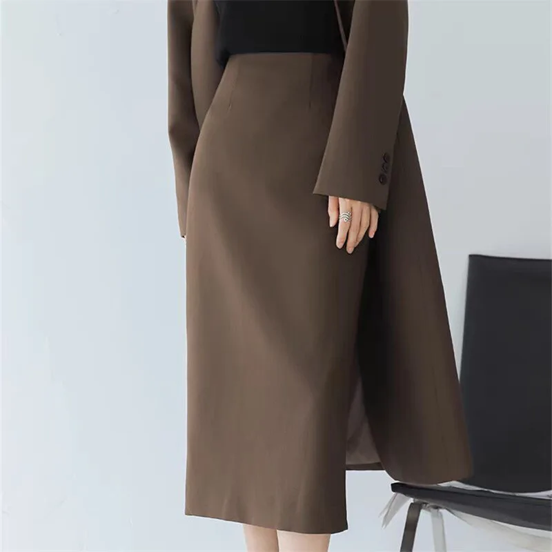 High Waist Midi Coffee Colored A-Line Skirt for Women Spring Summer Season Commute Style  Wrap Bodycon Suit Skirt
