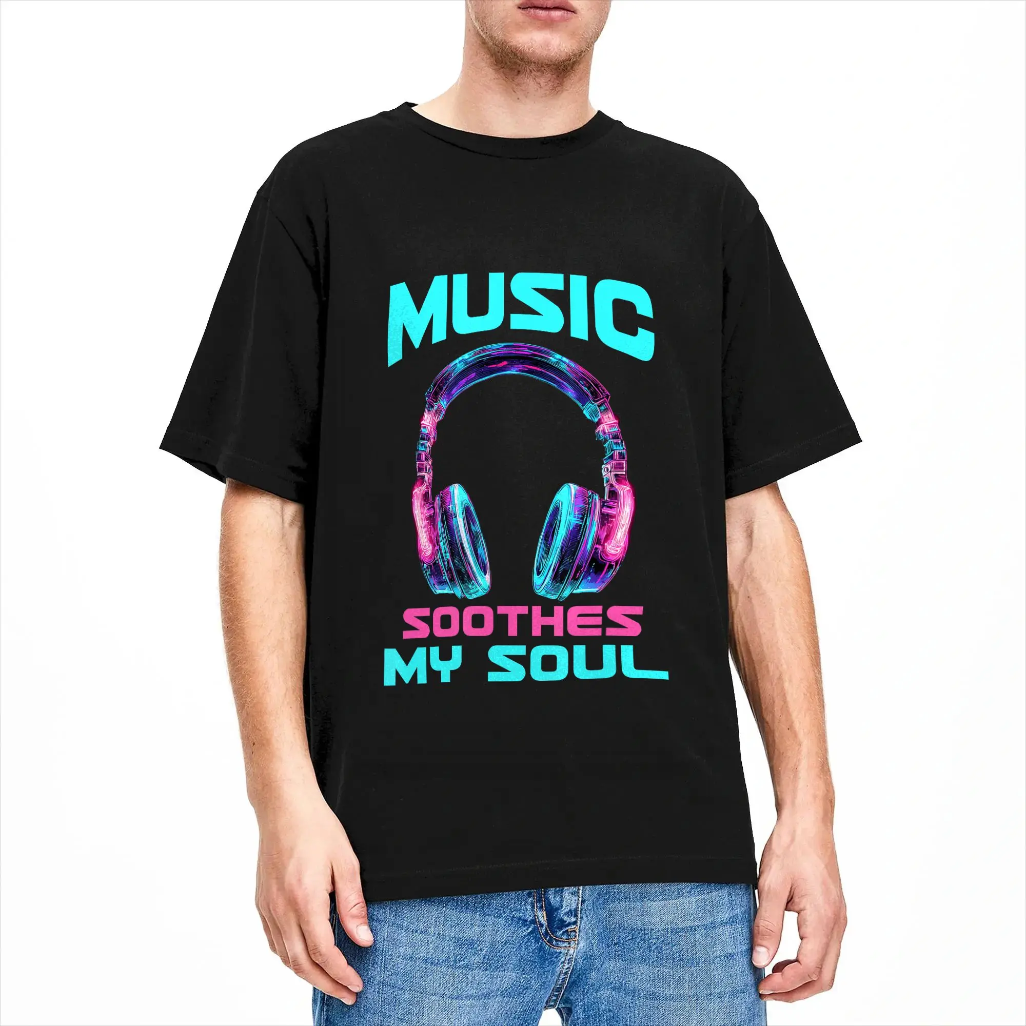 Music Soothes My Soul  Cotton T Shirt For Men Beach  Y2K Funny T Shirts Hipster Tees Oversized Printed Clothing