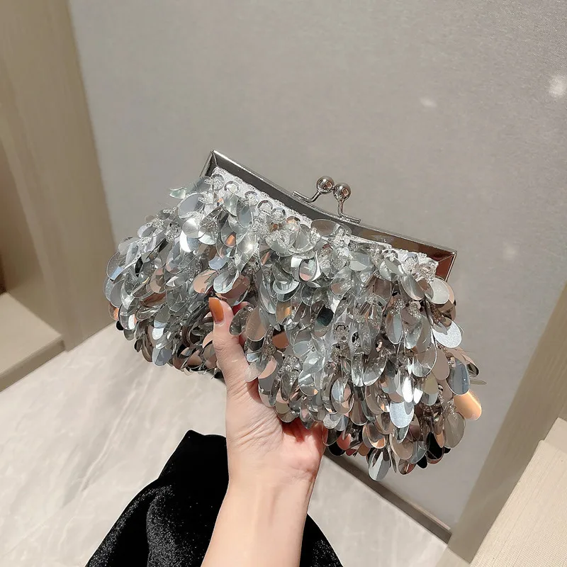 2023 New In Luxury Designer Clutch Bag Mini Bucket Shiny Handbags And Purses for Women Sequin Crossbody Bags with Round Handle