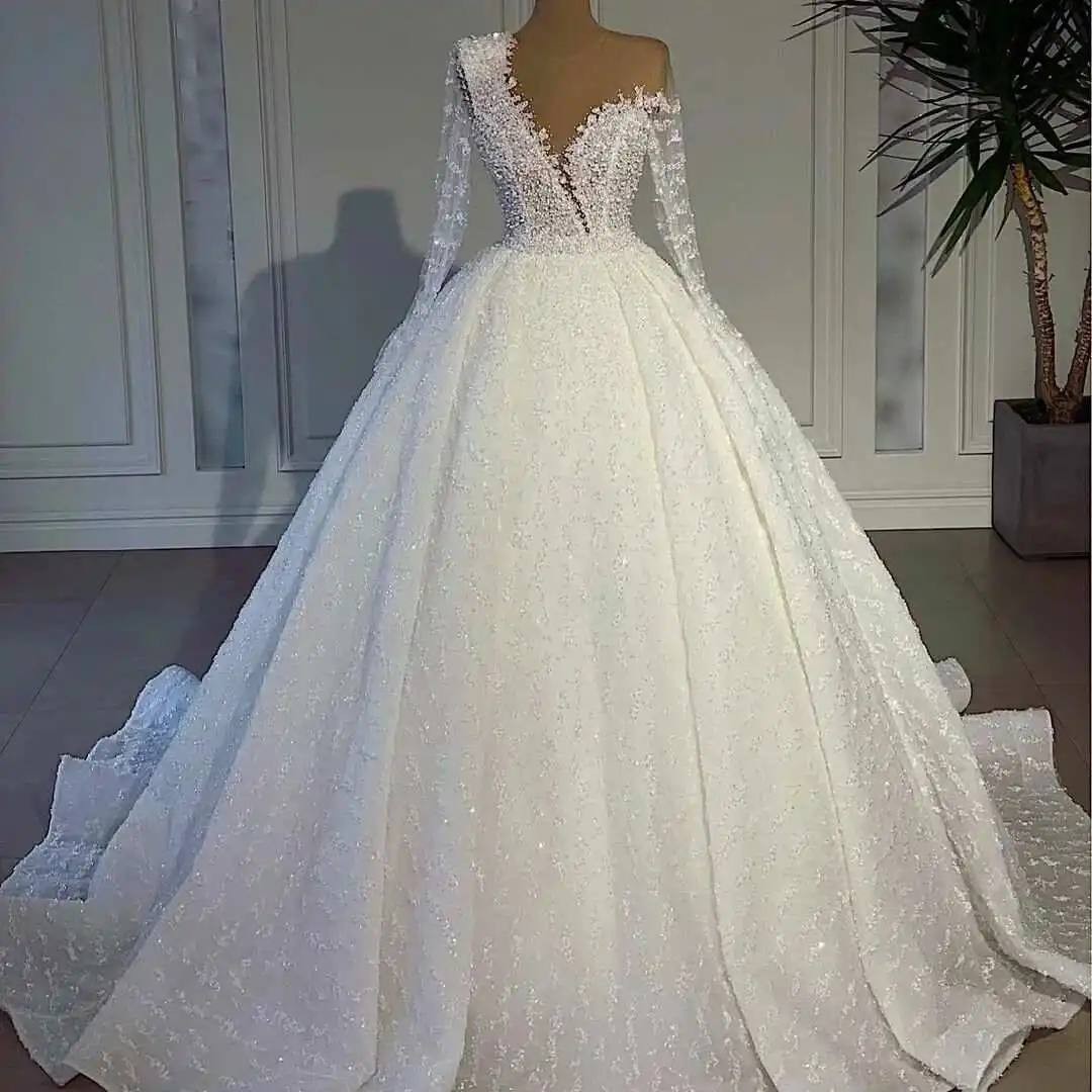 Elegant Wedding Dress For Women Sheer Long Sleeves Bridal Gown Pearls Sequins Lace Sweep Train Customized Dresses