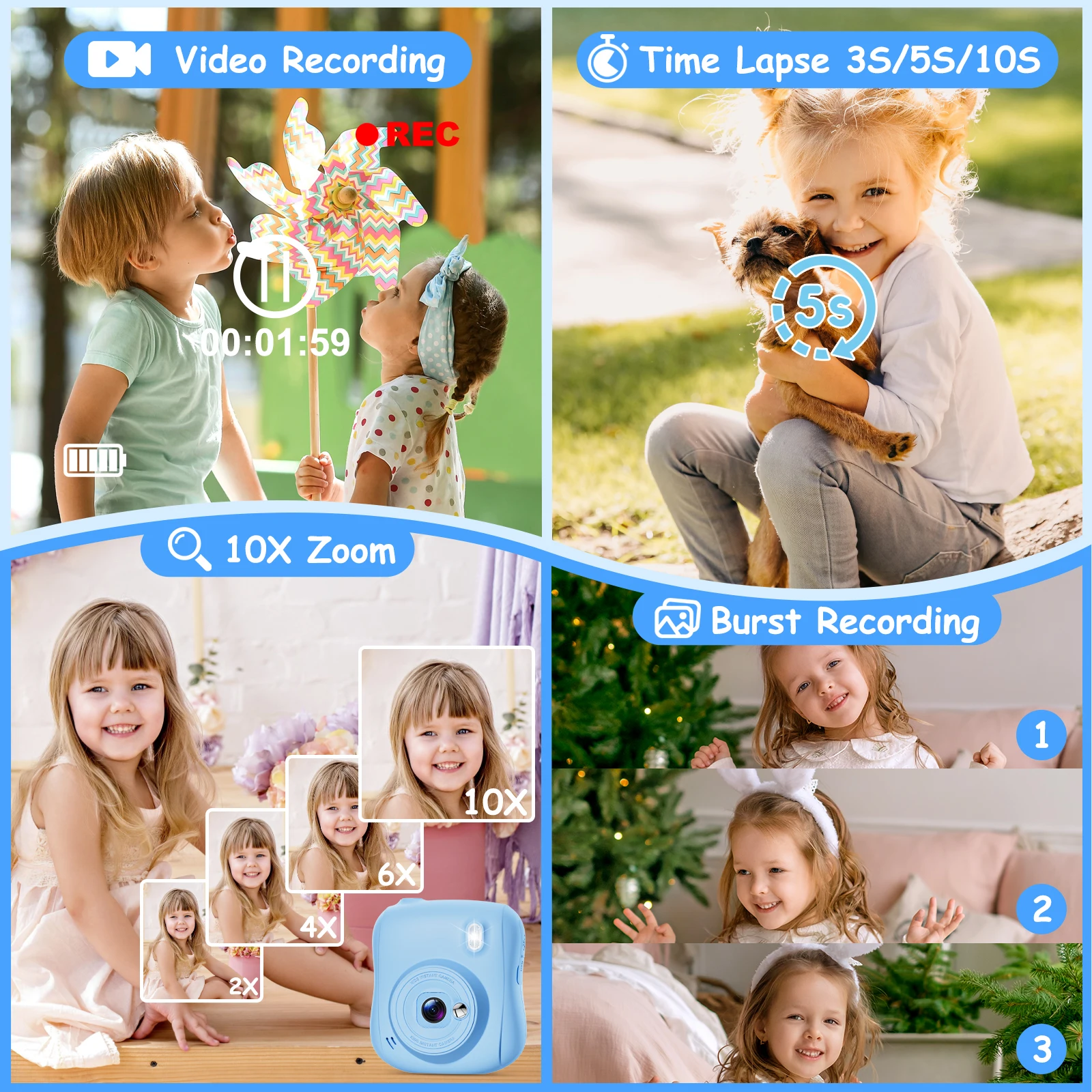 Câmera de impressão instantânea para crianças, câmera digital infantil de 2.0 polegadas, 14mp, 1080p, brinquedo com papel de impressão, presente para meninas e meninos