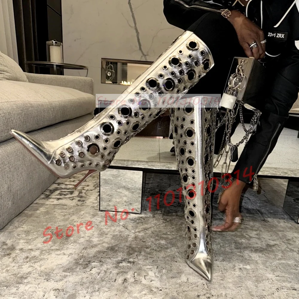 Silver Metal Eyelet Long Boots Ladies Sexy Trendy Pointy Toe Streetwear High Heels Boots Women Punk Side-zip Party Outfit Shoes