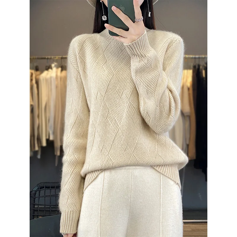 100% Wool Turtleneck Sweater Women Fashion Mat Solid Autumn Winter New Casual Loose Tops Knitted Long Sleeve Female Pullover