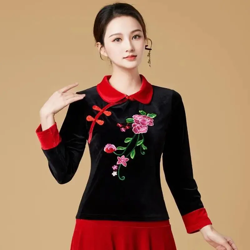 

Cheongsam Women's Plus Size Tops 2024 Spring Velvet Fabric Embroidery Splicing Long Sleeve Cheongsam Chinese Qipao Shirts Woman