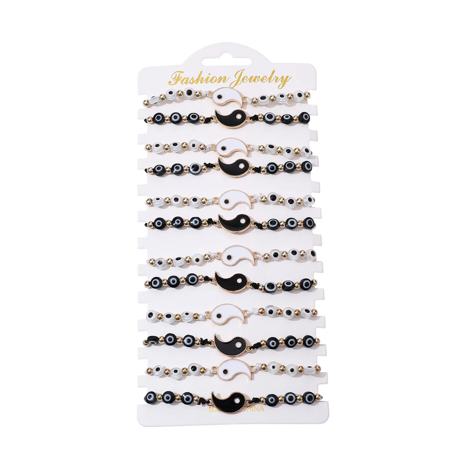 12pcs hand-woven couple bracelet black & White Tai Chi Yin & Yang Baguatu Crystal beaded Black gallstone adjustable bracelet set