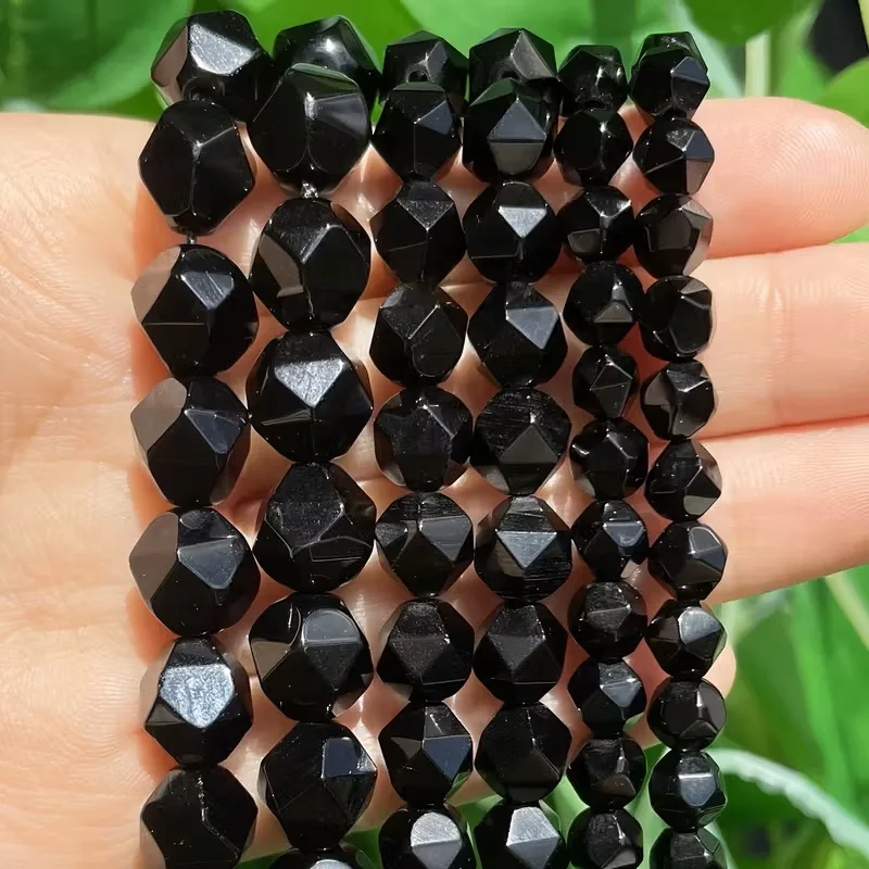 Natural Faceted Black Agates Stone Crystal Obsidian Beads Loose Spacer Bead DIY Handmade Bracelet for Jewelry Making Accessories