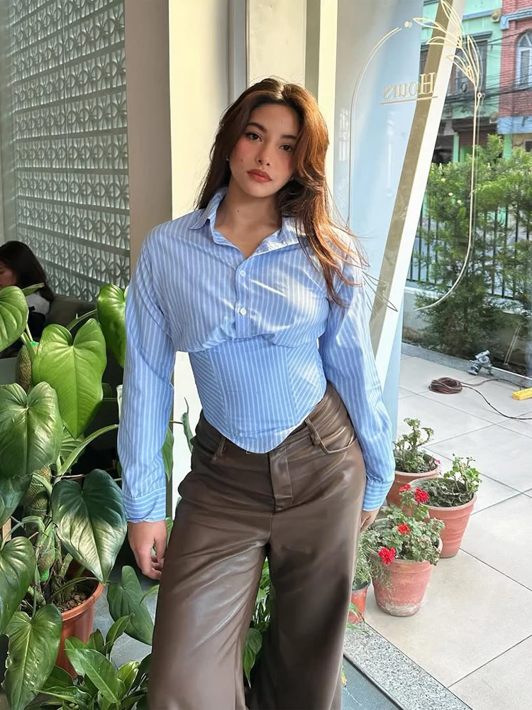 

Chic Striped Corset Shirt Women's Elegant Lapel Ruched Cropped Long Sleeve Bodycon Blouse 2026 Lady Summer Commute Work Top