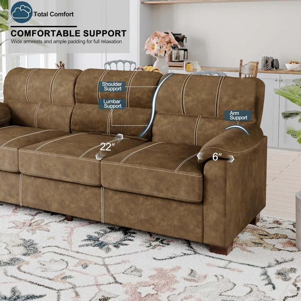 أريكة من الجلد الصناعي البني بثلاثة مقاعد مع مساند للذراعين واسعة ووسائد ومقعد عميق وخياطة متباينة