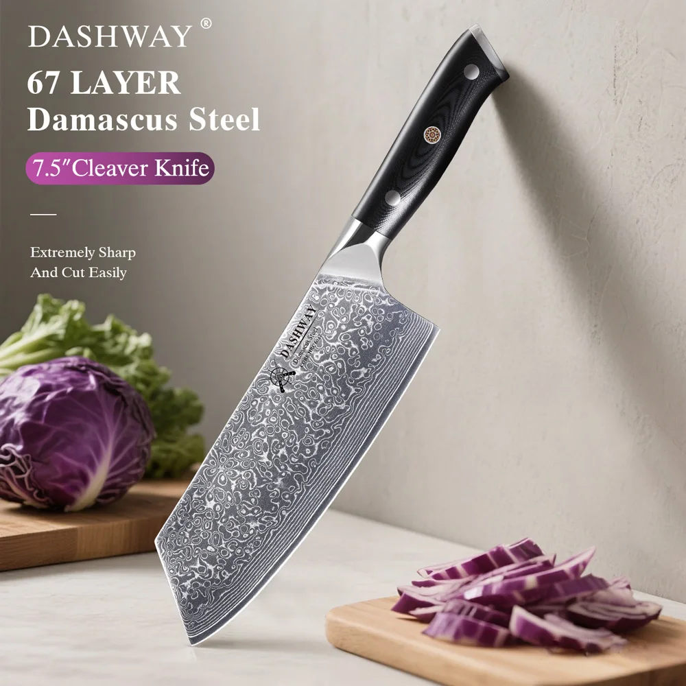 

DASHWAY 7.5-inch Cleaver Knife Damascus Steel Professional Kitchen Knife Sharp Chopper Meat Slicing Chinese Vegetable Chef Knife