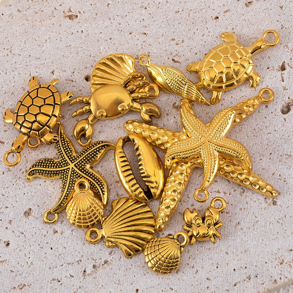 10pcs Antique Gold Color Cute Metal Starfish Shellfish Crab Turtle Pendant DIY Necklace Bracelet Charm Jewelry Making Wholesale - Detail 1