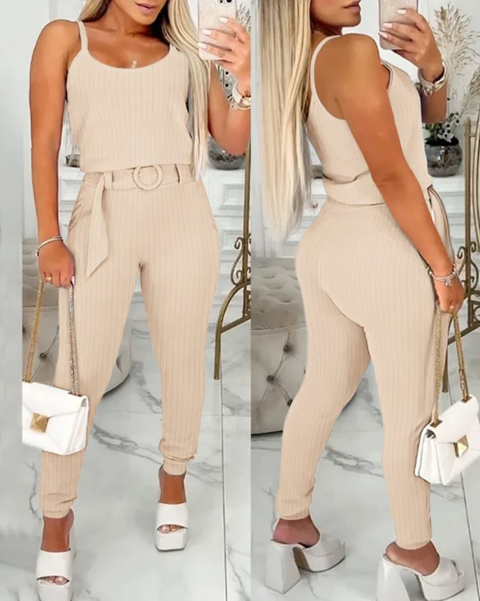 

Summer Women's Casual Two-Piece Set Solid Color U-Neck Slim Shoulder Strap Camisole Top O-Ring Waistband Ribbed Pants Set