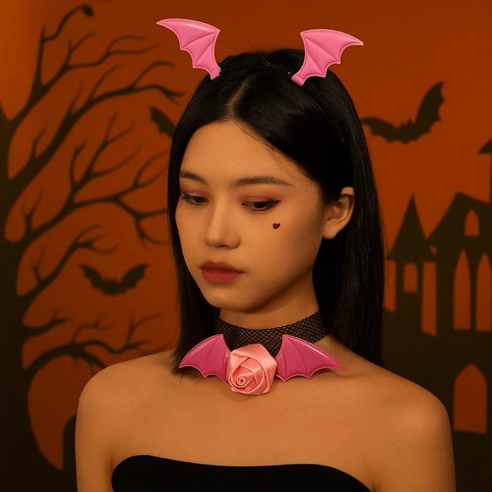 Fashion Flower Bat Wings Hairband Lace Mesh Headband Necklace Set PU Leather Gothic Halloween Hair Hoop Halloween Party
