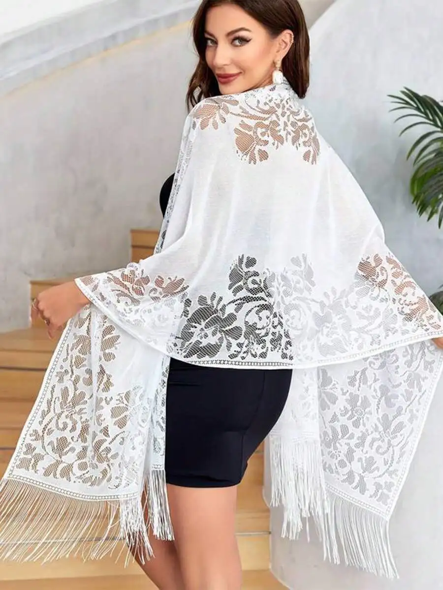 

Elegant Floral Lace Shawl With Fringe For Women Evening Wear