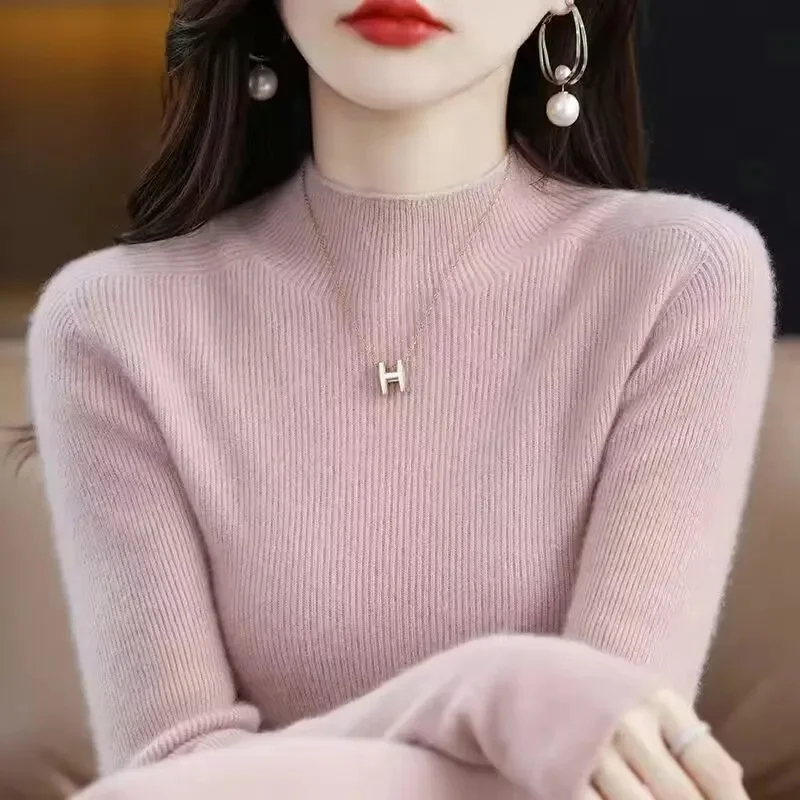 Pull à col roulé à manches longues pour femmes, pull élastique mince, pull basique coréen, tricots solides, pas cher, automne, 2023