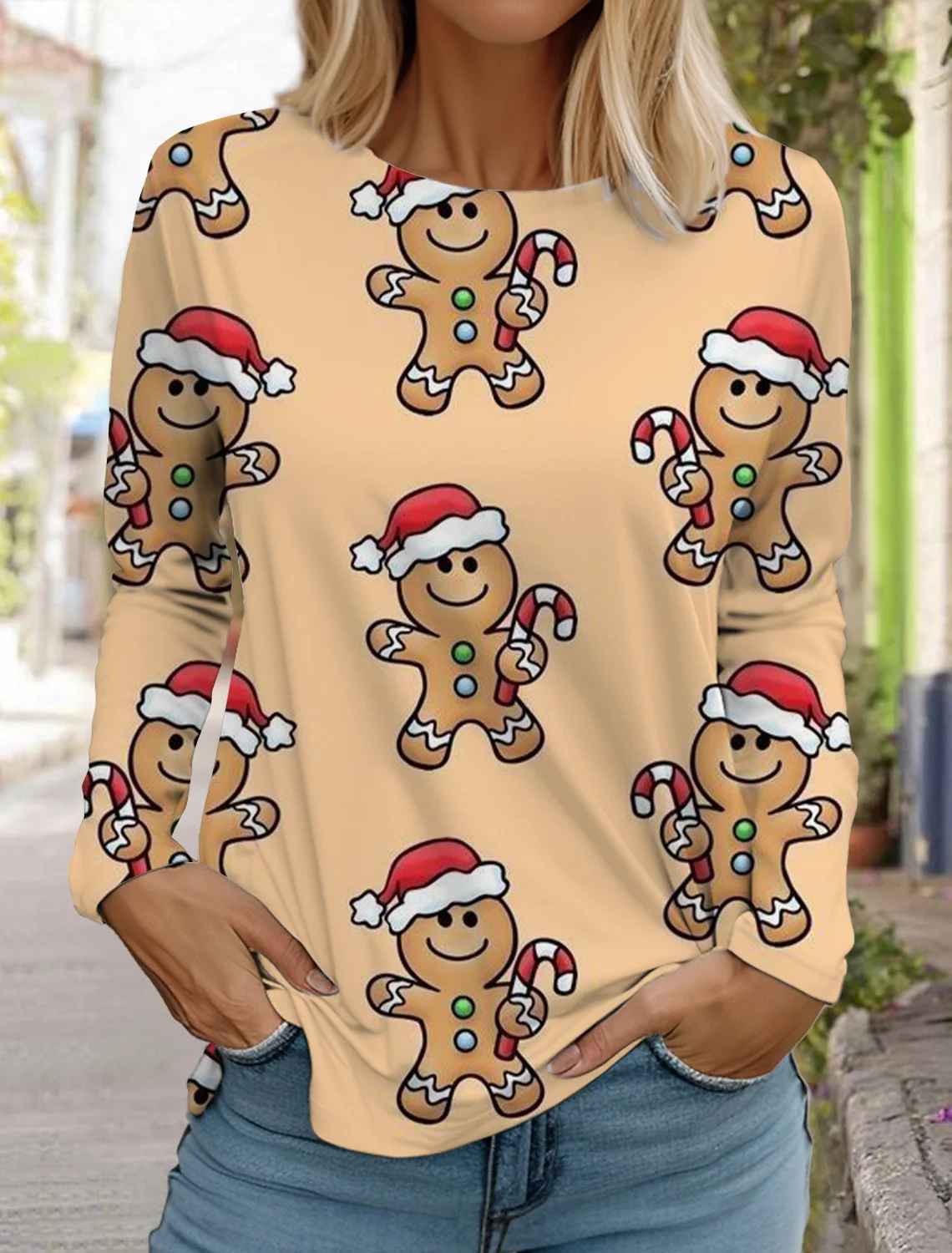 Ladie Christmas Reindeer Print Long Sleeve T-Shirt Christmas Cartoon Pattern Sports Casual Cute Polyester Round Neck Long Sleeve