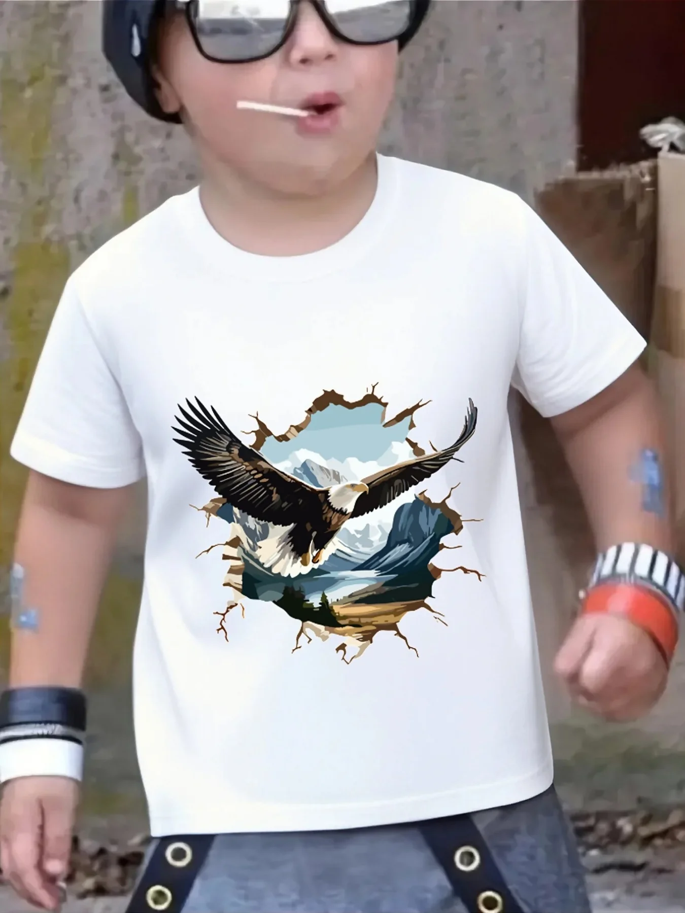 Cute Break Through Wall Bald Eagle Print Family Matching T Shirt Boys Girls Short Sleeve Parent Child Soft Cotton Casual Tops