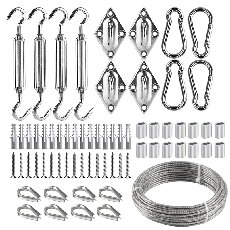 Sun Shade Sail Square Hardware Attachments Kit 15M/3mm Stainless Steel Coated Wire Rope for Install Awning Accessory