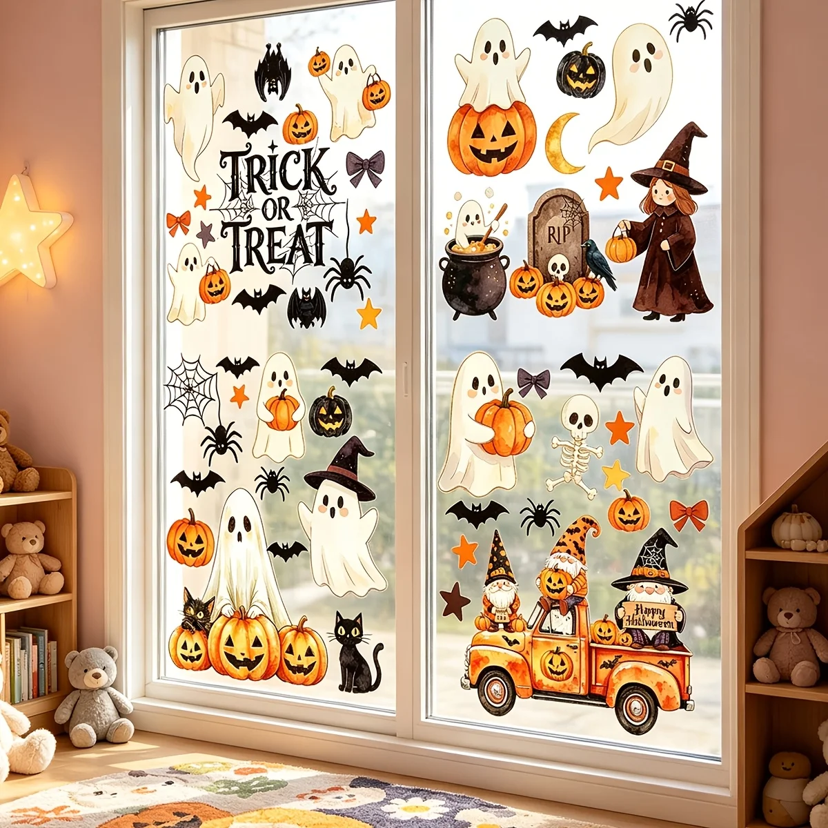 Halloween Window Clings, Halloween Decorations, Indoor Fall Decor Stickers | 6 Sheets of Large Ghost and Pumpkin Window Clings