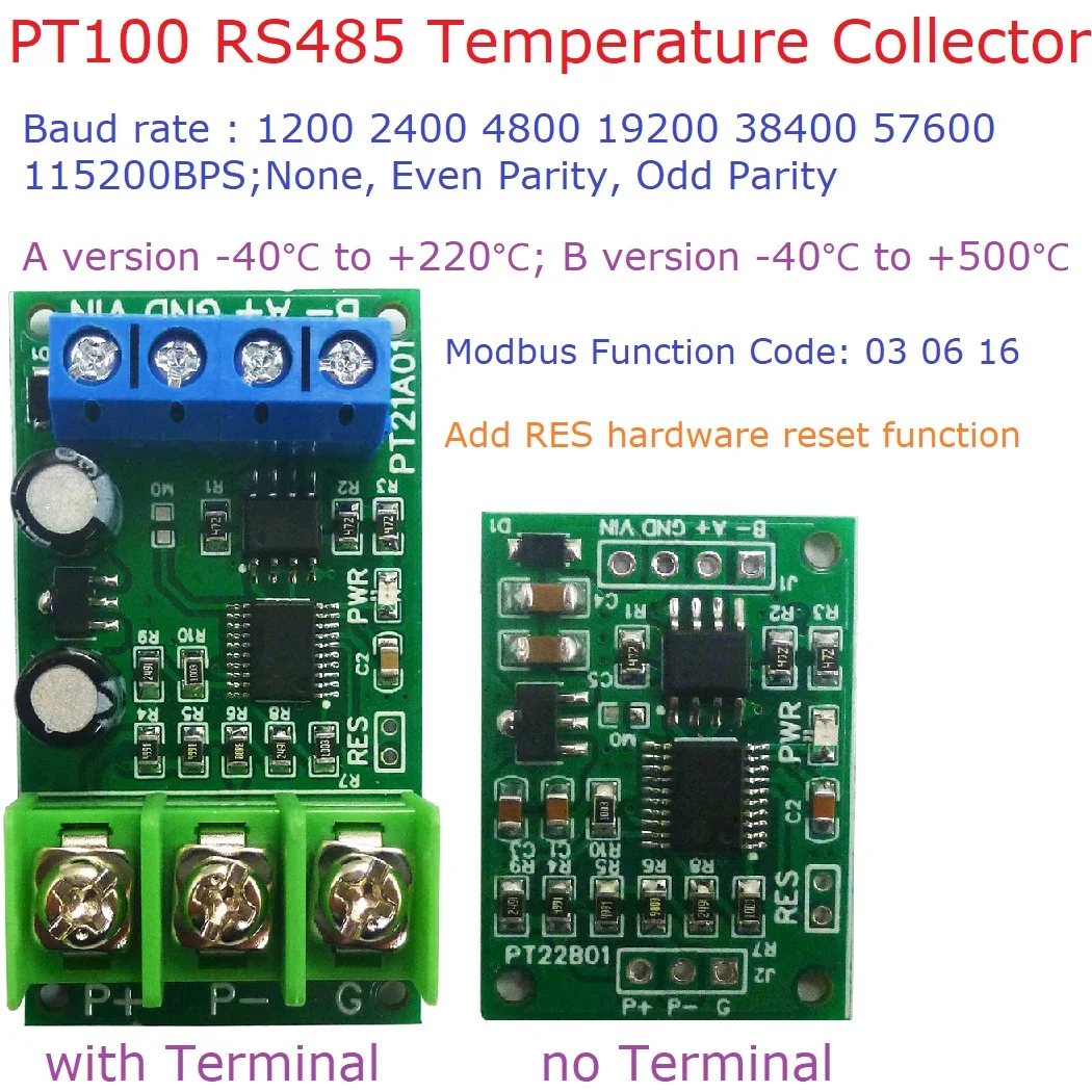 PT21A01 1CH 500 Celsius PT100 RTD Thermocouple Celsius Fahrenheit Wide RS485 Temperature Measurement Modbus RTU Board Sensor