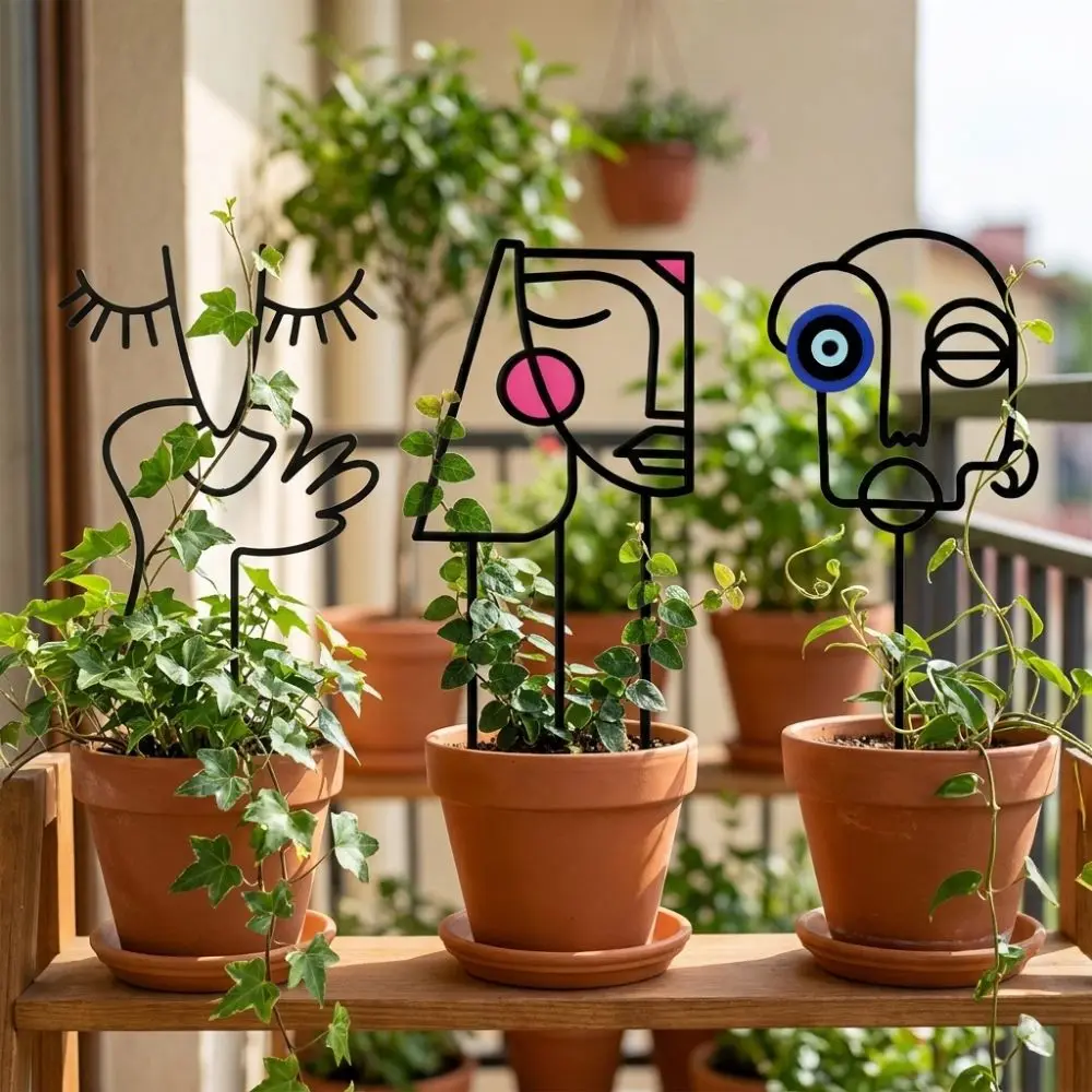 Abstract Line Plant Climbing Trellis Human Face Shaped Iron Art Flower Pot Bracket Rustproof Geometric Face Vine Climbing Rack