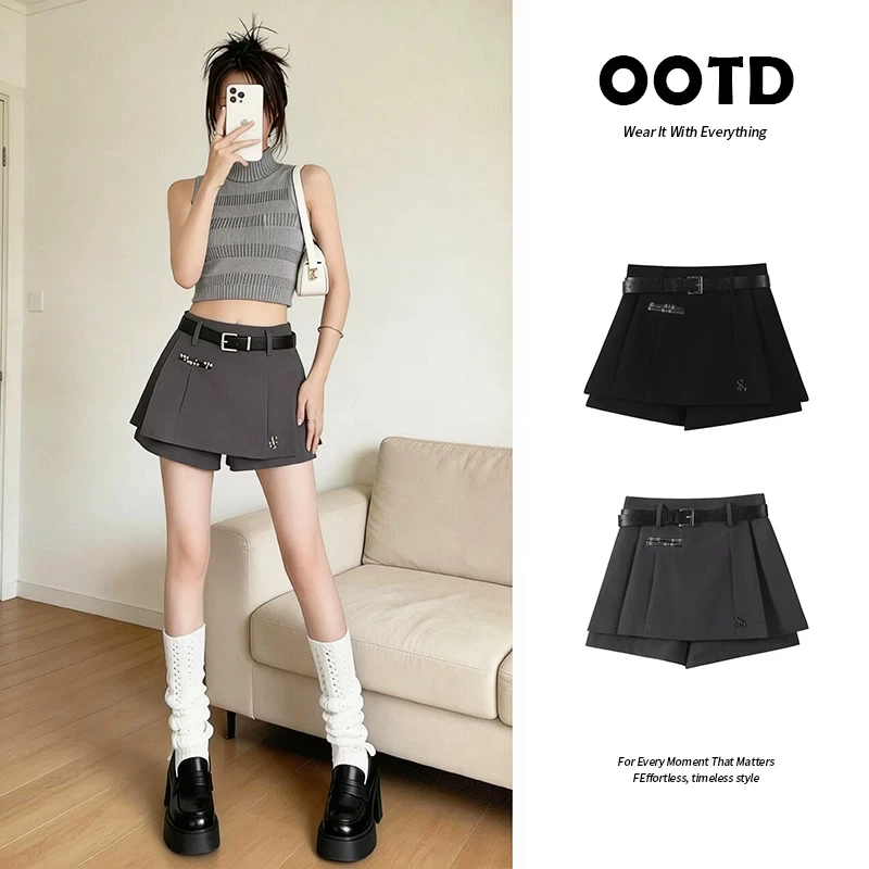 Women High Waist Pleated Skort Black Suit Mini Skirt with Belt Built-in Shorts Preppy Office Casual Plus Size Skort Female