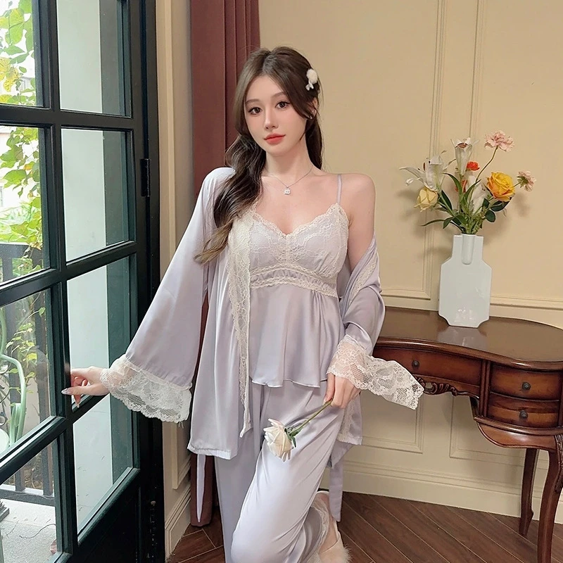 3PC Spring Lace Pajamas Suit Court Style Rayon Nightwear Home Clothes Pyjamas Sleep Set Long Sleeve Women Sleepwear PJS Lingerie